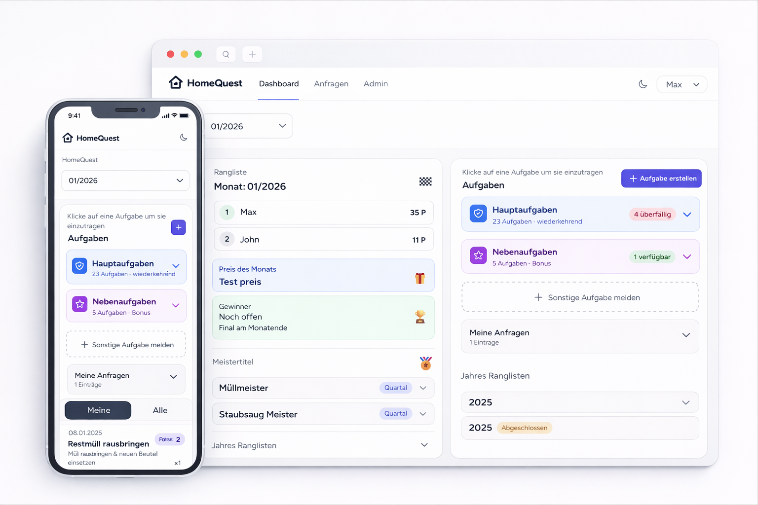 HomeQuest Dashboard - Desktop und Mobile Ansicht